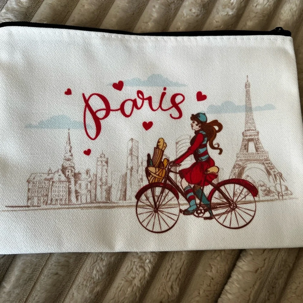 New Paris Bicycle canvas Makeup bag tote Pouch White & Red Eiffel Tower